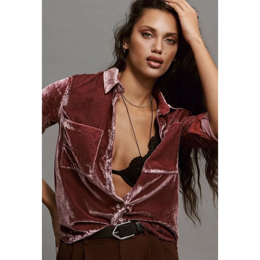 Anthropologie Pilcro Hadley Velvet Relaxed Buttondown Burgundy XS NWT